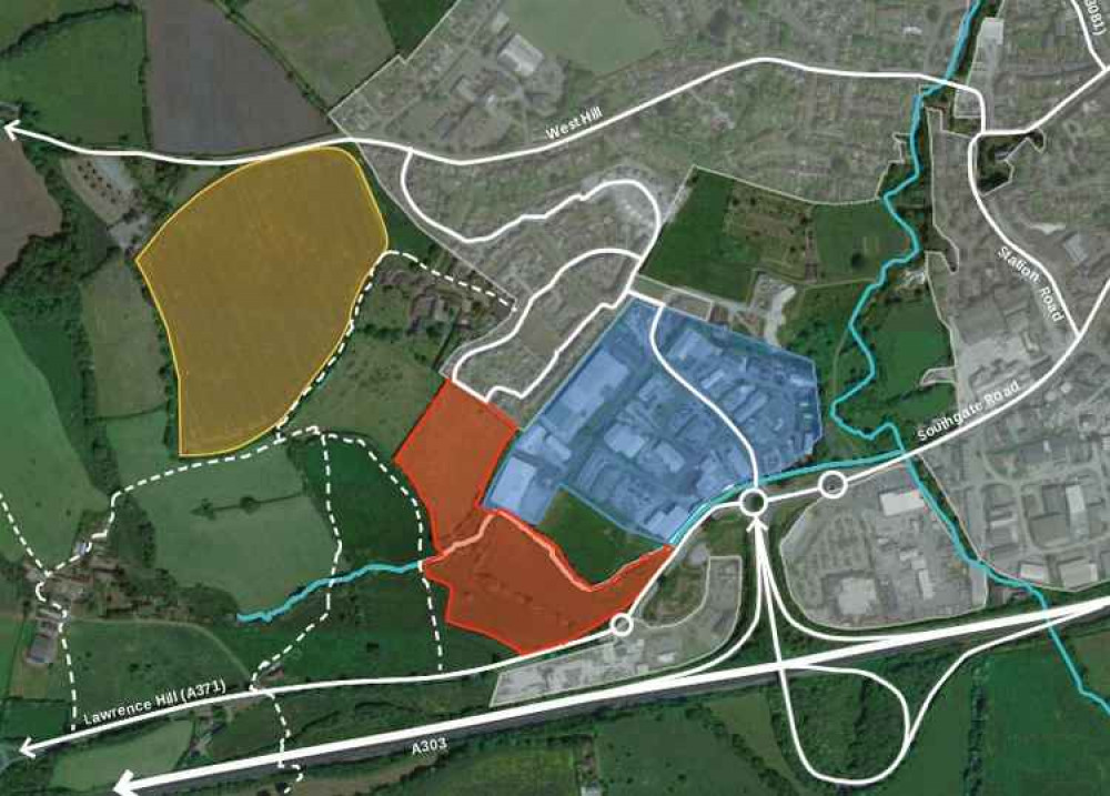 Map Showing The Proposed 80 Homes And Industrial Units Development Site (Red) With The Existing Business Park (Blue) And The West Hill Site Owned By Gladman