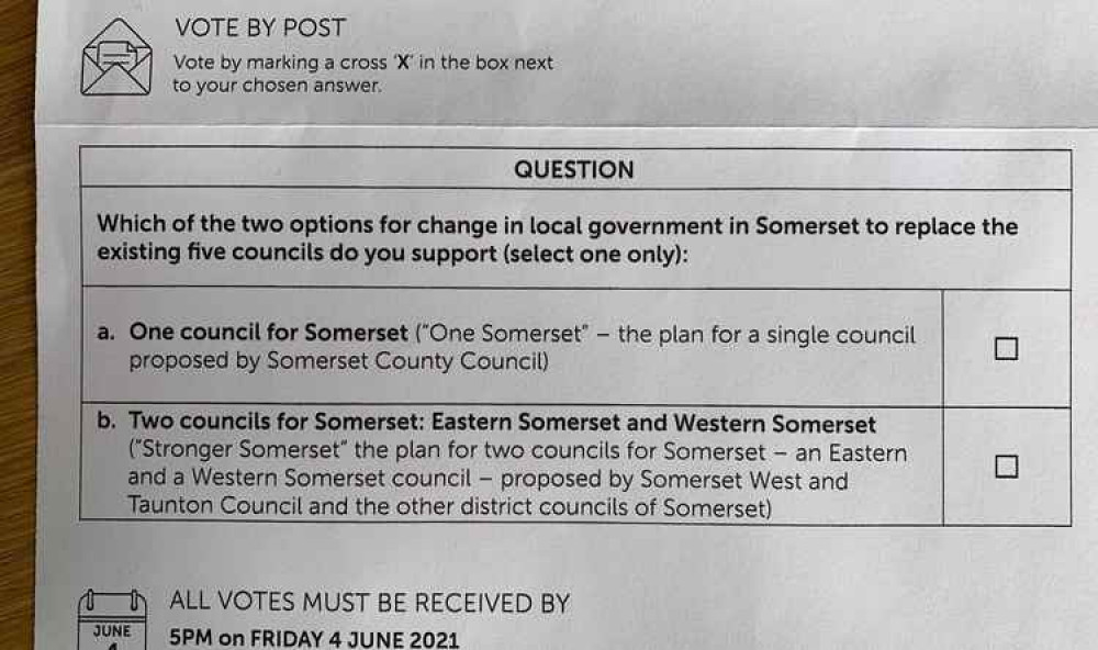 Sample Ballot Paper For Somerset Unitary Poll. CREDIT: Shaun Davey. Free to use for all BBC wire partners.