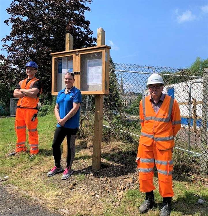 Two of the five new recruits are featured at the Saxonvale site (left). They are joined by Balfour Beatty's Assistant Foreman (far right) who helped install the site's new noticeboards for residents and businesses neighbouring the development to keep