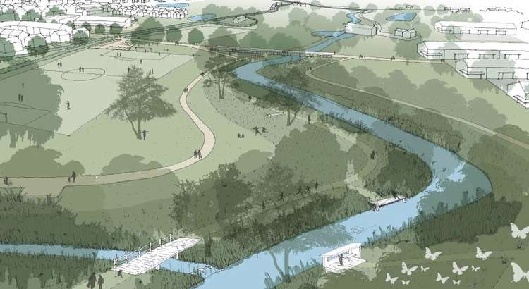 Artist'S Impression Of The Pitches And Country Park Within The Selwood Garden Community In Frome. CREDIT: NVB Architects. Free to use for all BBC wir