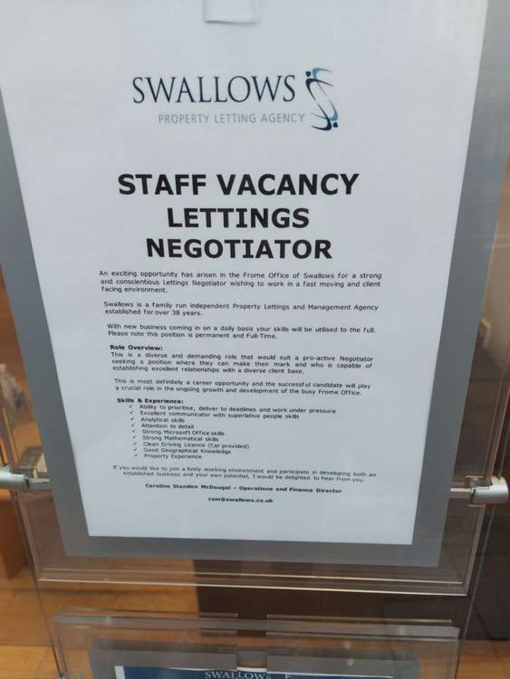 Swallows in Frome is looking for a full time lettings negotiator