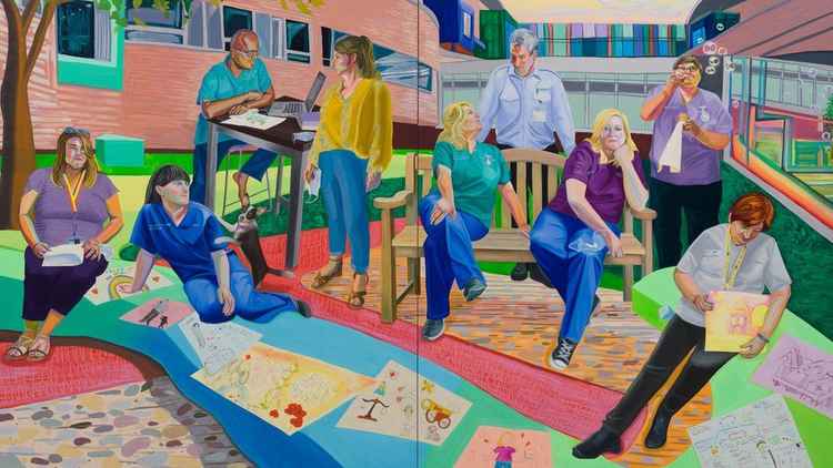 This painting is called Team Time Storytelling, Alder Hey Children's Hospital Emergency Department