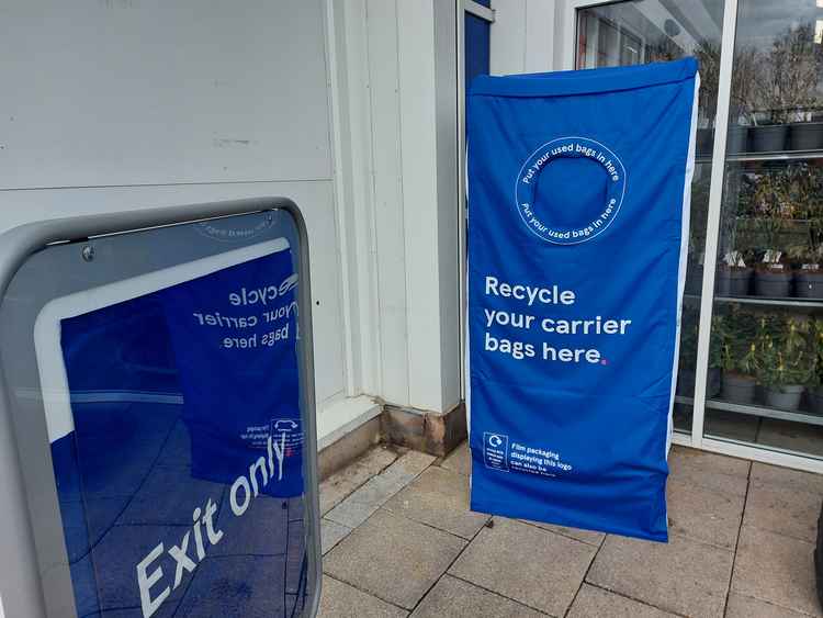 You can recycle plastic shopping bags outside the store in Paulton