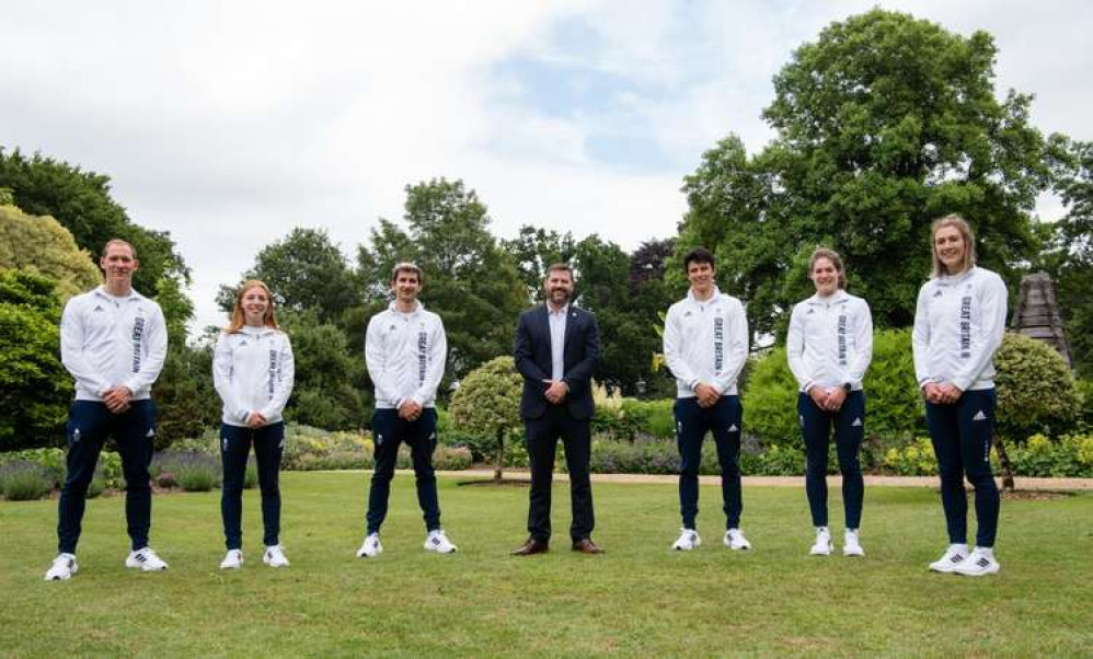 Pictured with  Councillor Guy are Team GB's Modern Pentathlon squad who are based at Pentathlon GB's National Training Centre at the University of Bath.  Picture: L to R  Tom Toolis, Francesca Summers, James Cooke, Councillor Kevin Guy, Joseph Choong,