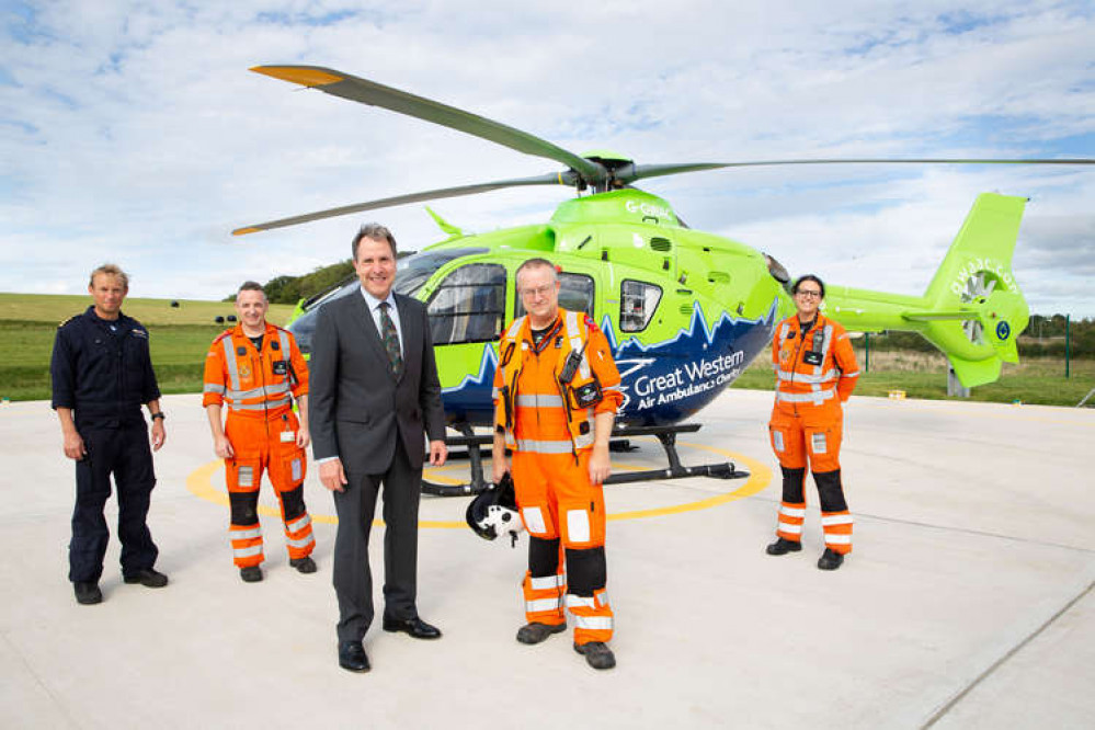 Pictured at The Great Western Air Ambulance Charity are, L to R: Captain Matt Springford; Pete Reeve, Air Operations Officer; Metro Mayor Dan Norris; Professor Jonathan Benger, Critical Care Doctor; Fleur Mosley, Specialist Paramedic