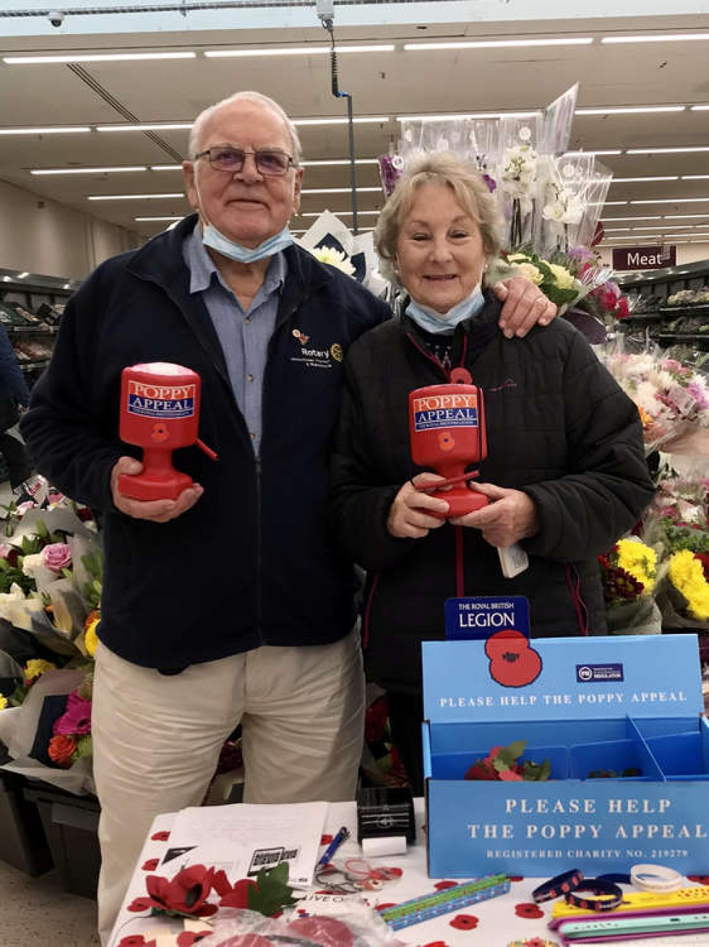 Rotary Club member, Roger Meadows along with his wife, Sue, collecting at Tesco, Paulton.