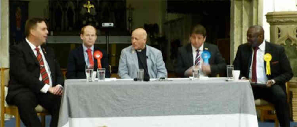 The four candidates were, from left, Kerry Smith (Independent), Jack Ferguson (Labour), Stephen Metcalfe (Conservative) and Michael Bukola (Liberal Democrat).. The debate was hosted by Rev John Guest, pictured centre.