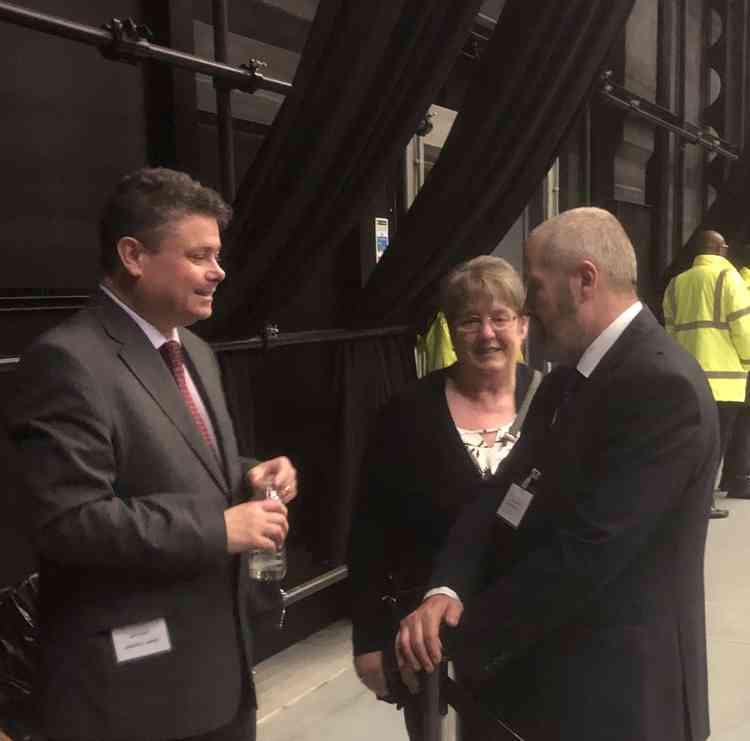 Labour's John Kent discusses the day's events with independent candidate James Woollard at the count at the Backstage Centre on Purfleet.