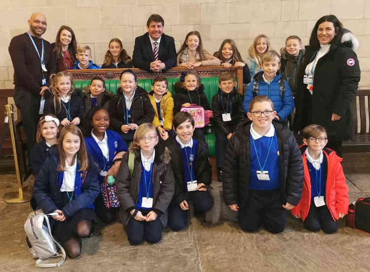 MP Stephen Metcalfe with the party from Corringham Primary