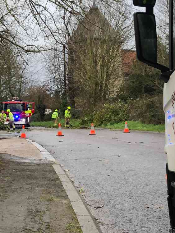 Firefighters dealing with a tree close to East Thurrock United's ground.