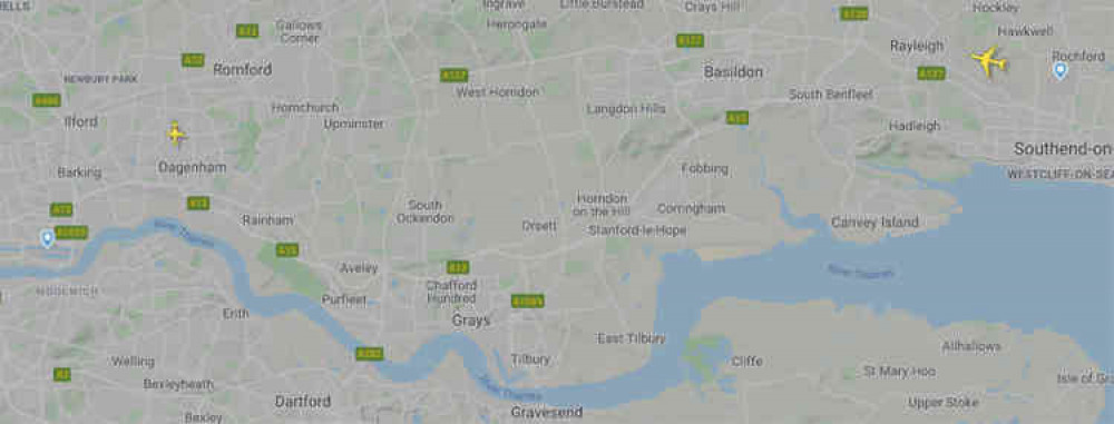 This Flightrader24 shot of the skies above Thurrock at noon today shows just two aircraft. One is a Qatar Airwys en route to completing a 3,265 mile flight from Doha to Heathrow and the other a private craft which took off from London Oxford Airport (Kidl