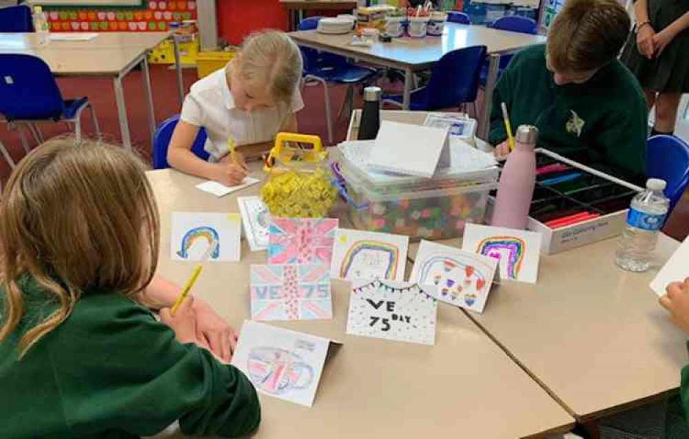 Pupils from Arthur Bugler School making greetings cards for VE Day.