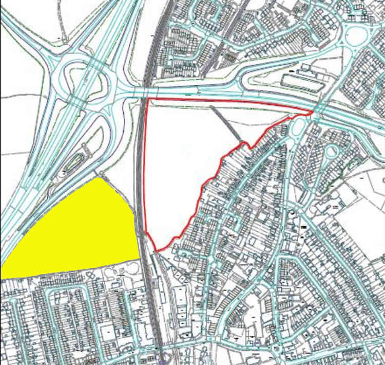 The site to be developed is marked by the red line. New homes are currently being built on the adjacent site marked in yellow.