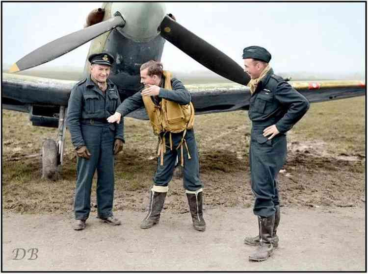 Wing Commander Reginald Joseph Cowan Grant DFC and bar, DFM (left) with fellow RAF members at RAF Westhampnett, West Sussex on 21 January 1943. Picture Credit: http://www.warhistoryonline.com