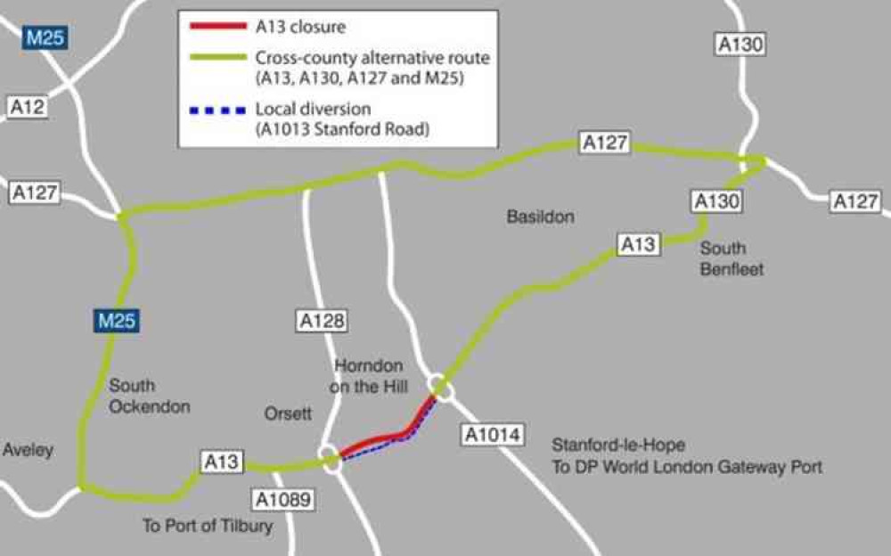 A13 full closure and diversion map