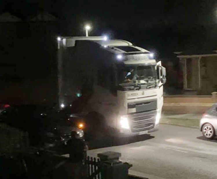 The lorry attempting to turn around in narrow Wharf Road in the early hours.