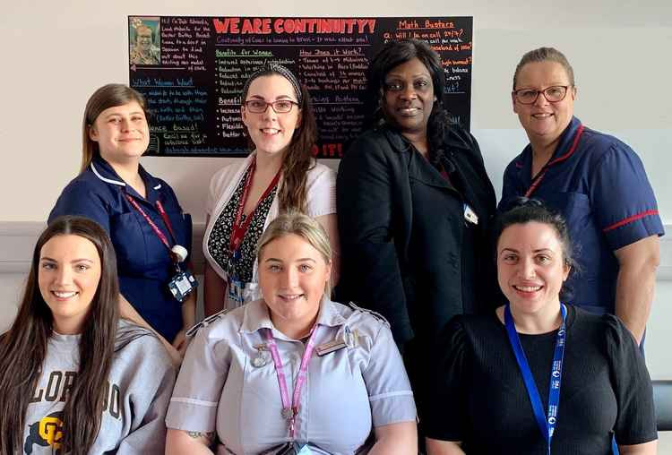 Team Diamond - one of the focused groups of midwives. Back row left to right: Kate Gingell, Diane Gregory, Nneka Ndefo, Petra Hillebrandt; Front row:  Poppy Barnes, Kasey Mattholie (student midwife), Carmen Whitefield.