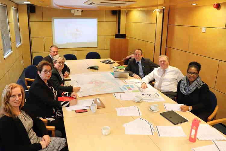 The Tilbury Town board, from left: Jo Simmons (SELEP), Lucy Harris (Creative People & Place), MP Jackie Doyle-Price, Nigel Stewardson (Depart for Business, Energy & Industrial Strategy), Cllr Mark Coxshall (TBC), Peter Ward (PoT) and Yewande Kannike (One