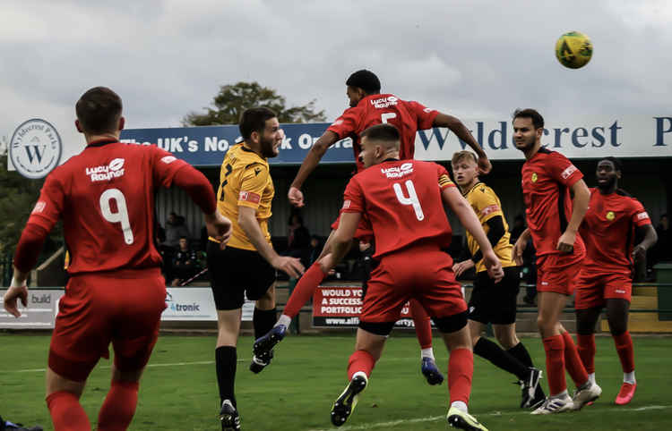 East Thurrock's Luke Illsey heads goalwards. Picture by Micky Cartwright.