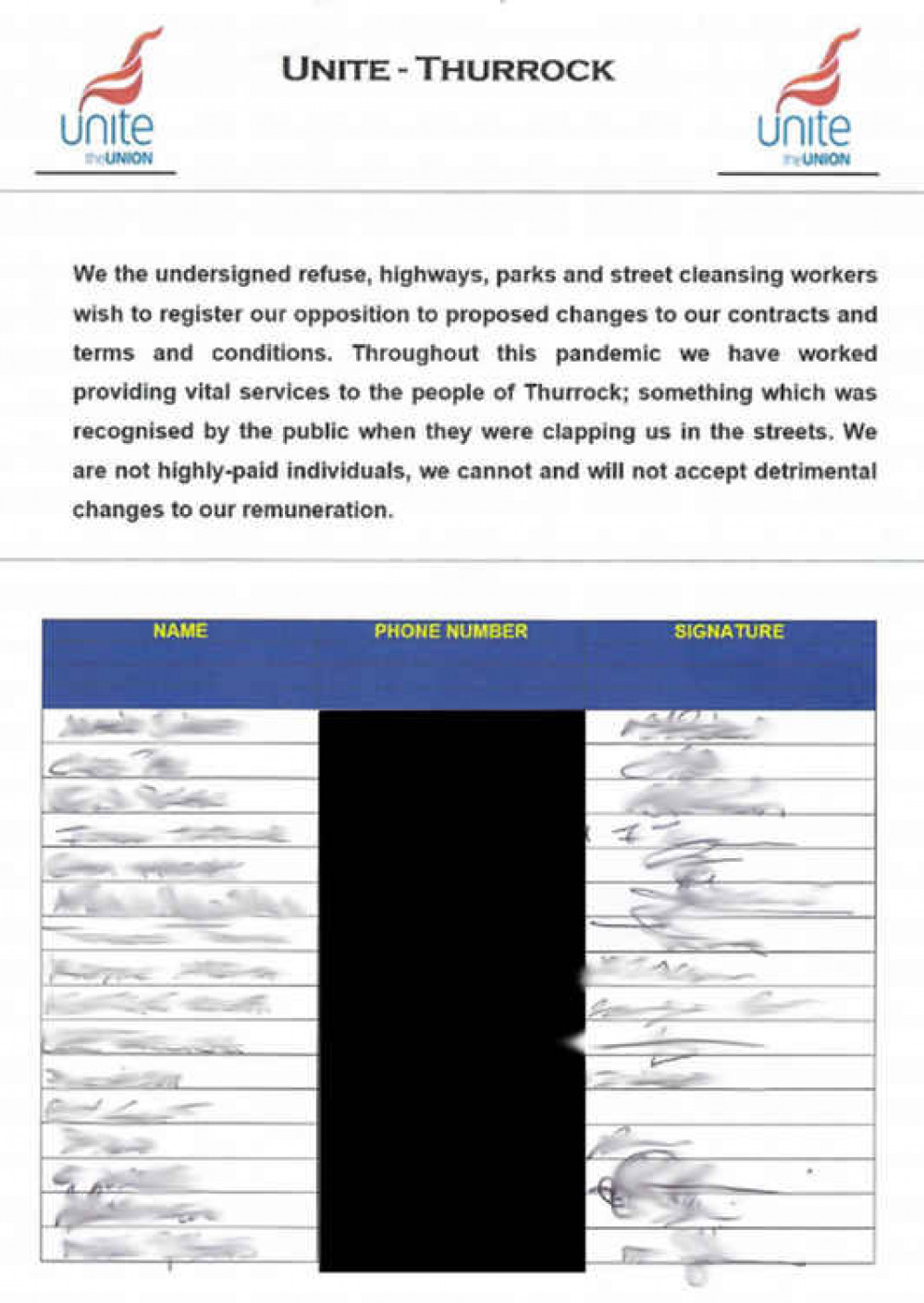 A sample and redacted page of the petition which Thurrock Nub News has seen with all the names showing. We were asked not to disclose names publicly as workers fear retribution.