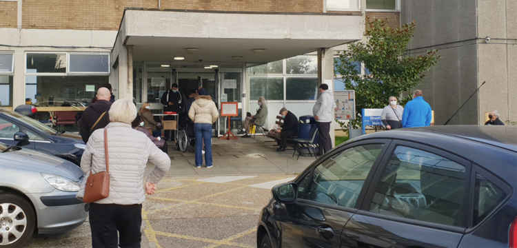 Lengthy waits in the cold outdoors at Orsett Hospital as people attend appointments to have blood tests