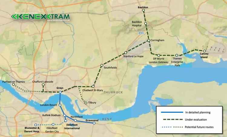 A map showing how the tram link could expand across Thurrock.