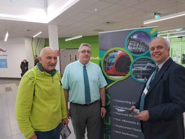 Green travel campaigner Jon Lane (left) with council leader Rob Gledhill (centre) and project director Gordon Pratt.