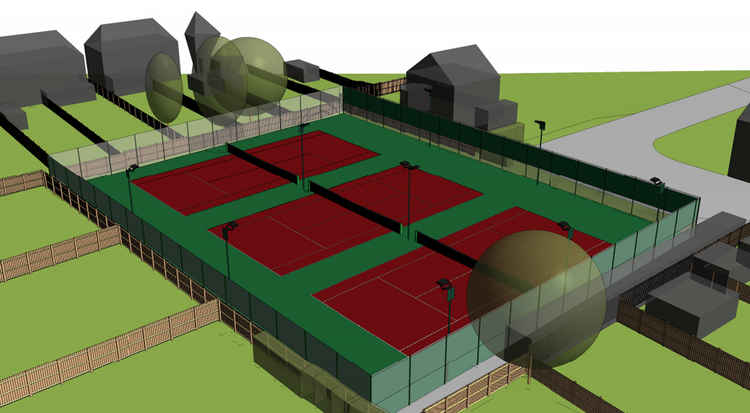 A visualisation of the courts with the floodlight poles.