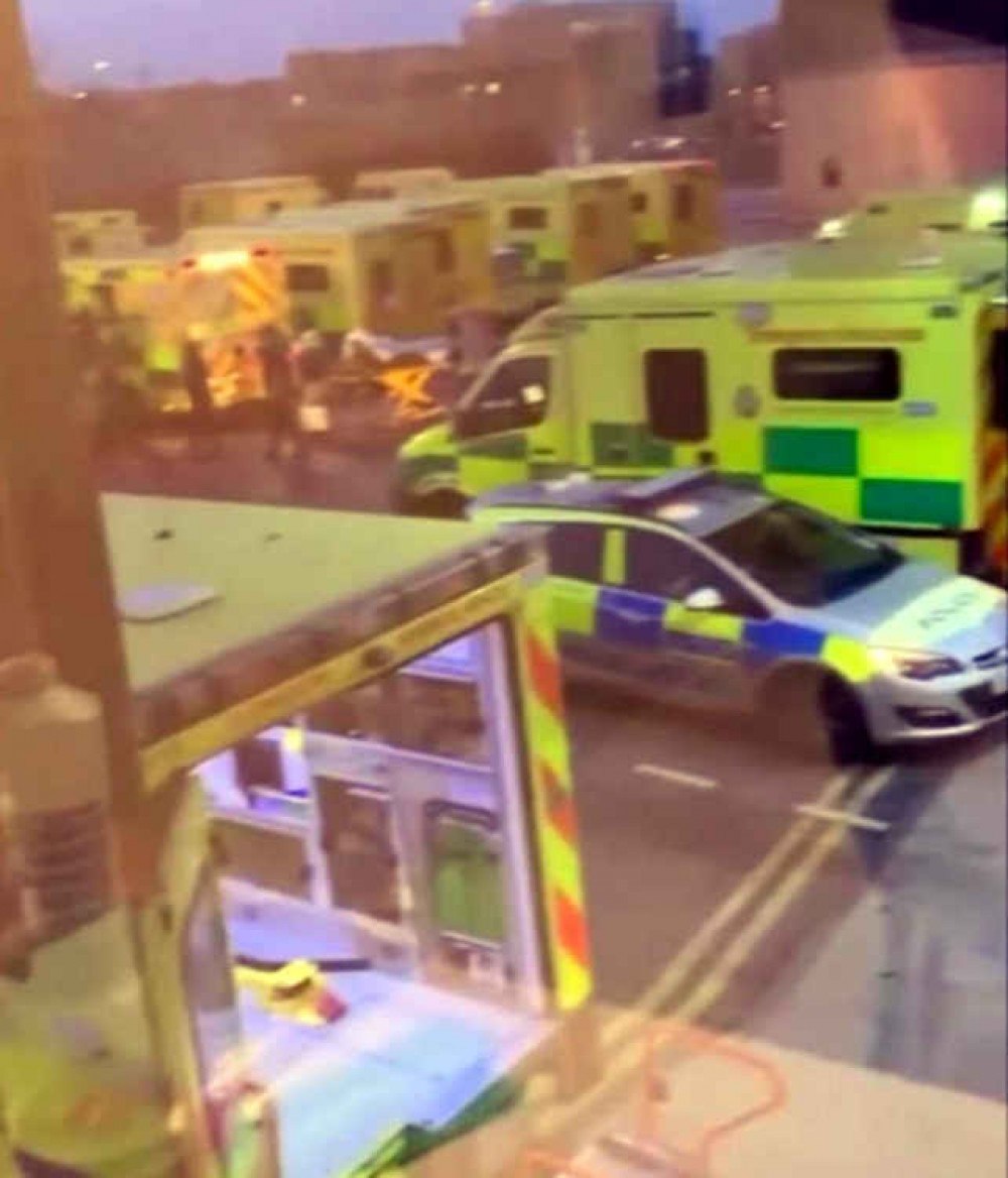 This image taken at neighbouring Queens Hospital in Romford, used by many residents in the west of Thurrock, shows ambulances queuing outside with patients being treated inside the vehicles rather than on the wards which are teeming.