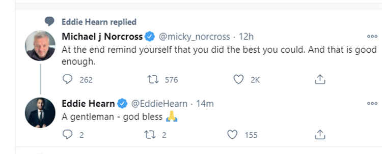 Mick Norcross's final post - and a message from sports promoter Eddie Hearn this evening (Thursday).