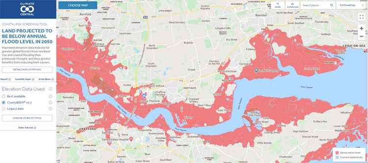 Climate experts predict that large areas of land around the Thames will be submerged by 2050 unless climate change is addressed
