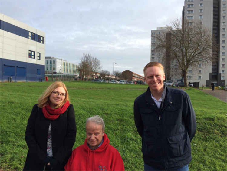 Councillors Martin Kerin, Jane Pothecary and Tony Fish outside the flats.