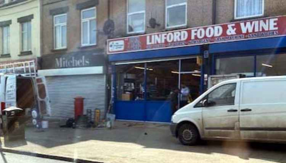 Linford Food and Wine - one of three badly damaged by ram raiders. Workmen were today (Monday, 22 March) putting the finishing touches to a new shop front.