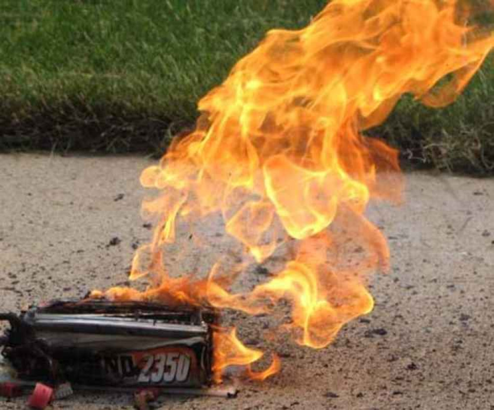 A battery explodes into flames after being overcharged.