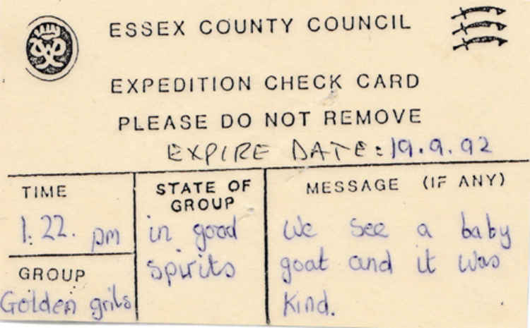 An expedition check card so that staff could check at agreed points on the journey the young people were safe before seeing them personally en-route.
