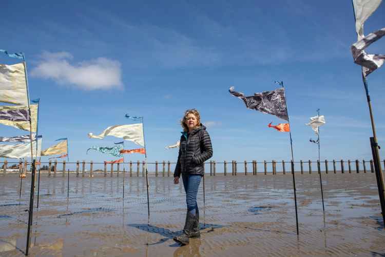 Beach dreaming: Ali Pretty with some of the flags. Pictures by Mark Massey.