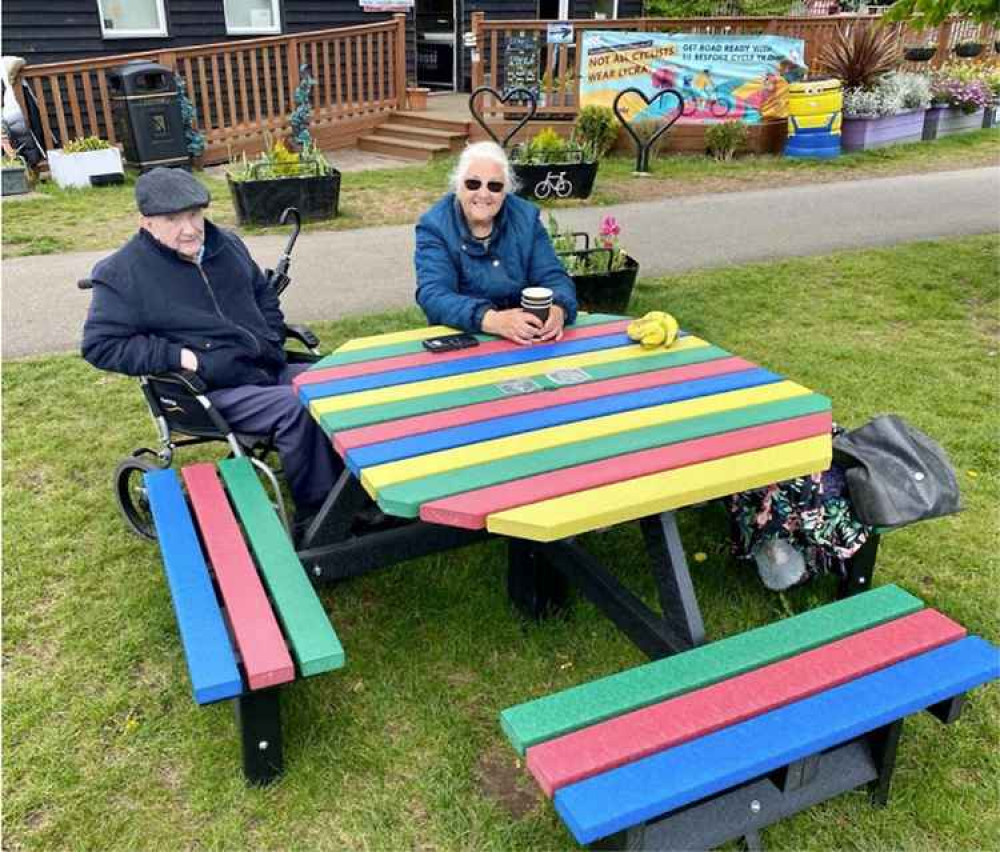 Margaret and Mick, regular visitors to the park, enjoying the 'Rotary East  Thurrock' funded bench.