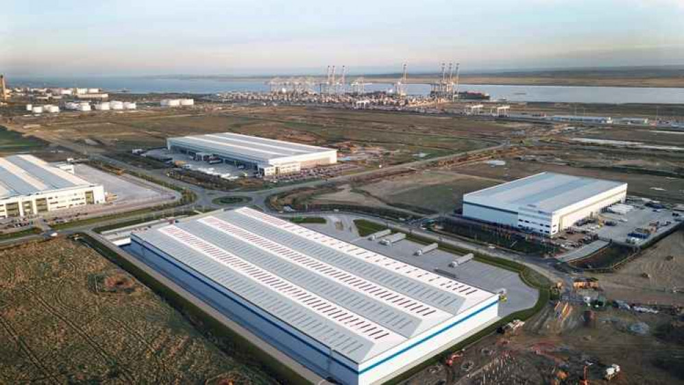 An aerial shot of part of the logistics park adjacent to DP World London Gateway.