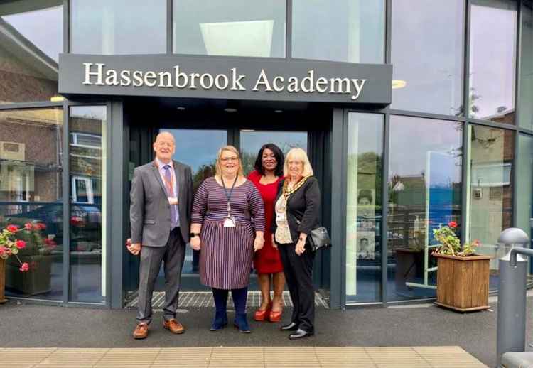 Mayor Cllr Sue Shinnick at Hassenbrook with head Sally Feeney, Steve Nash, Dr Sophina Asong and former head Jo Williams.