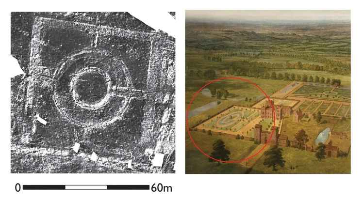 An extract of the ground penetrating radar survey (left) showing the survival of the historic garden features at a depth of 0.6m compared to a contemporary painting (right) showing the gardens c1710 (copyright  Thurrock Museum).