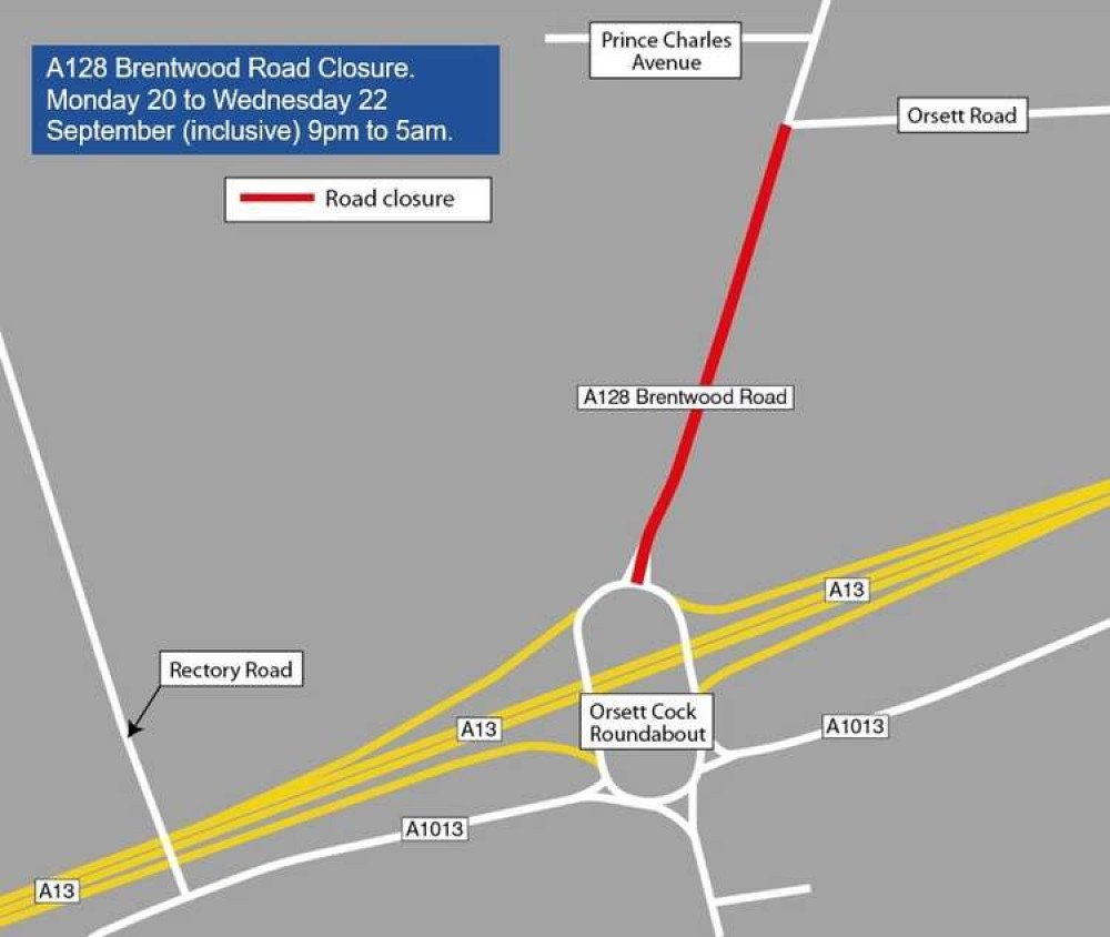 The A128 Brentwood Road will be closed three nights this week and through the whole of the weekend