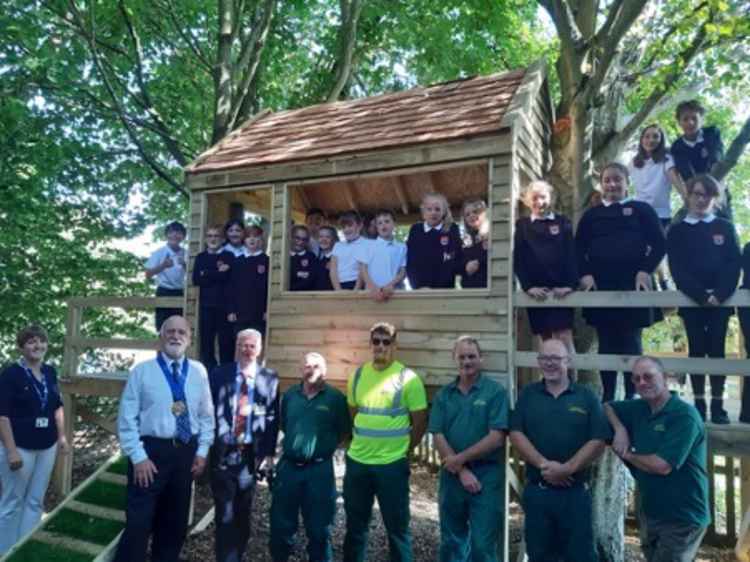 Bridport mayor, Cllr Ian Bark officially opening the new tree house at St Mary's Primary School