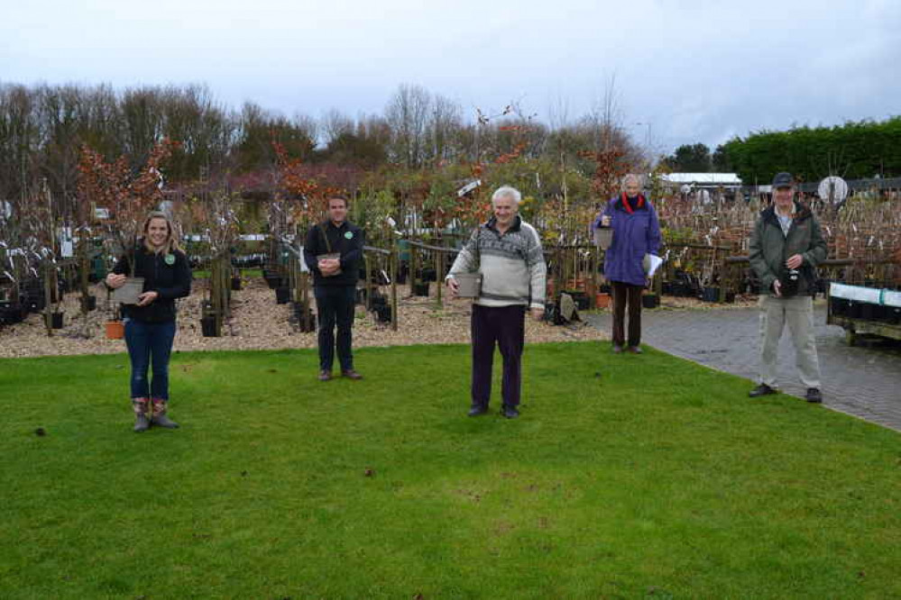 Bridport Tree Planting is working with Groves to distribute 800 saplings; pictured (left to right) Becky Groves, Charlie Groves, Joe Hackett of Bridport Tree Planting, Michael Dower of Beaminster Area Eco Group, and John Hinsley of Bridport Tree Planting