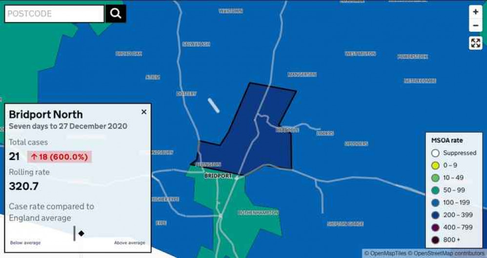 The Government's coronavirus interactive map shows the Bridport North area had 21 cases in the seven days to December 27