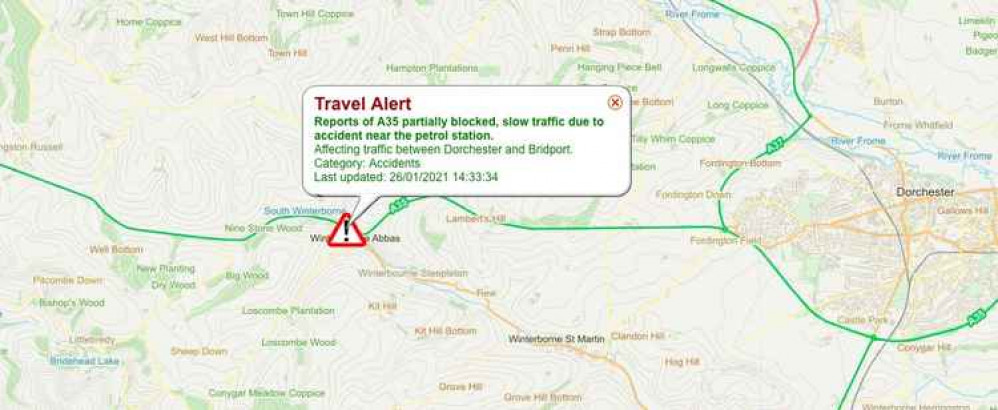 A35 partially blocked between Bridport and Dorchester