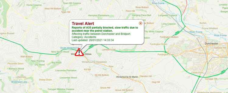 A35 partially blocked between Bridport and Dorchester