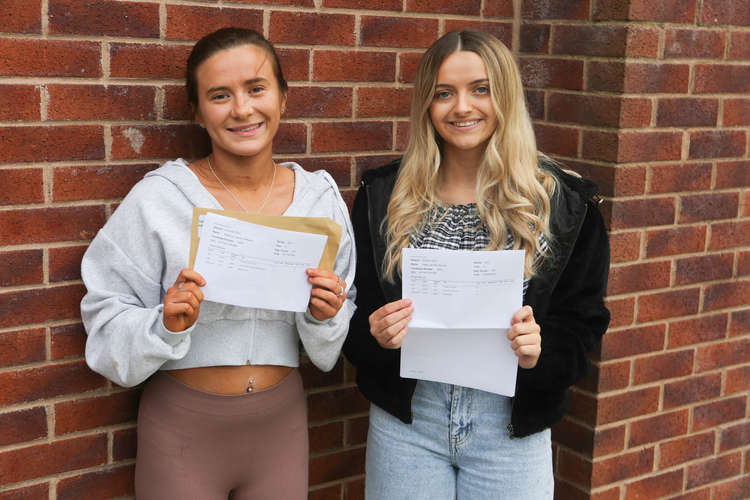 Rebecca Williams (left) and Daisy Barrick (right) of Wirral Grammar School for Girls celebrate their A-Level results