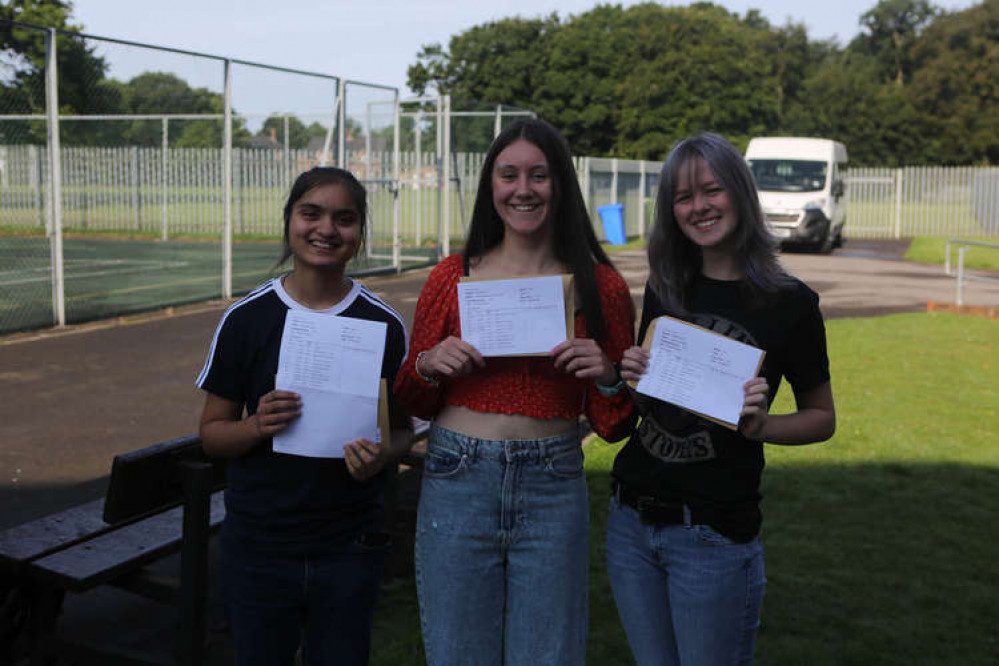 Hira Naqvi, Henrietta Duffey and Leigh Elliot celebrate their results at Wirral Grammar School for Girls