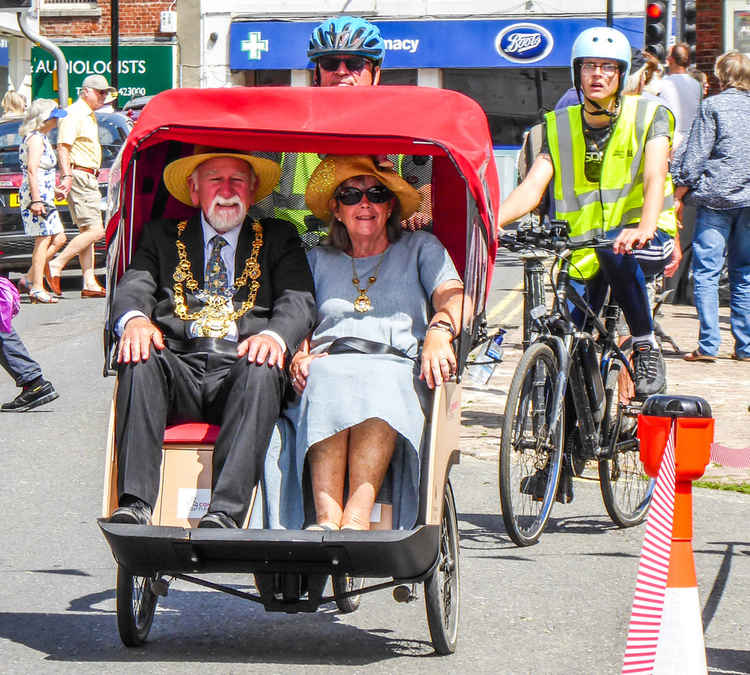 Bridport mayor, Cllr Ian Bark, and his wife, Anne, enjoy a trishaw ride Picture: Doug Chalk