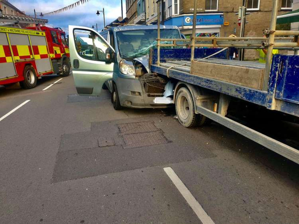 Bridport firefighters cut man free from van after he crashed into a lorry in East Street Picture: Bridport Fire Station